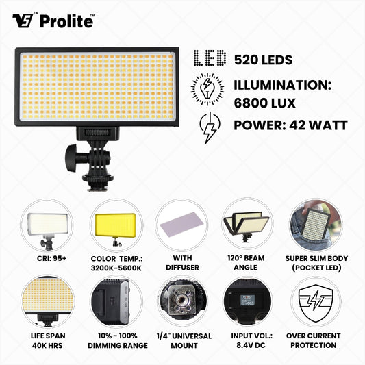 Prolite LED 520 Professional Video Light with NP-550 Li-ion Battery, 3200K-5600K Adjustable, 6800 LUX, 1/4″ Mount, C-Type Charging, Ideal for Content Creators, Product Photography, Makeup Shoots