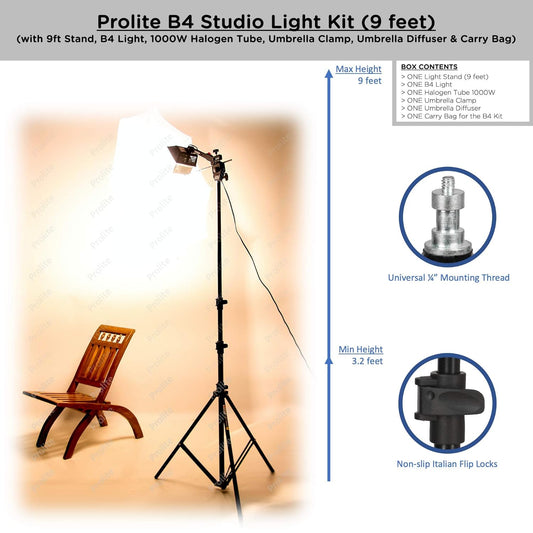 Prolite Studio B4 Continuous Video Light Kit – 1000W Halogen, 9 ft Stand, Umbrella, Carry Bag for Photography & Videography