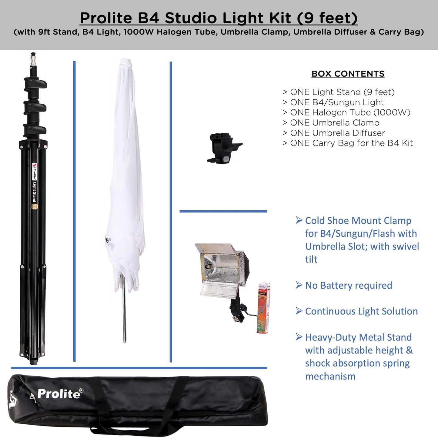 Prolite Studio B4 Continuous Video Light Kit – 1000W Halogen, 9 ft Stand, Umbrella, Carry Bag for Photography & Videography