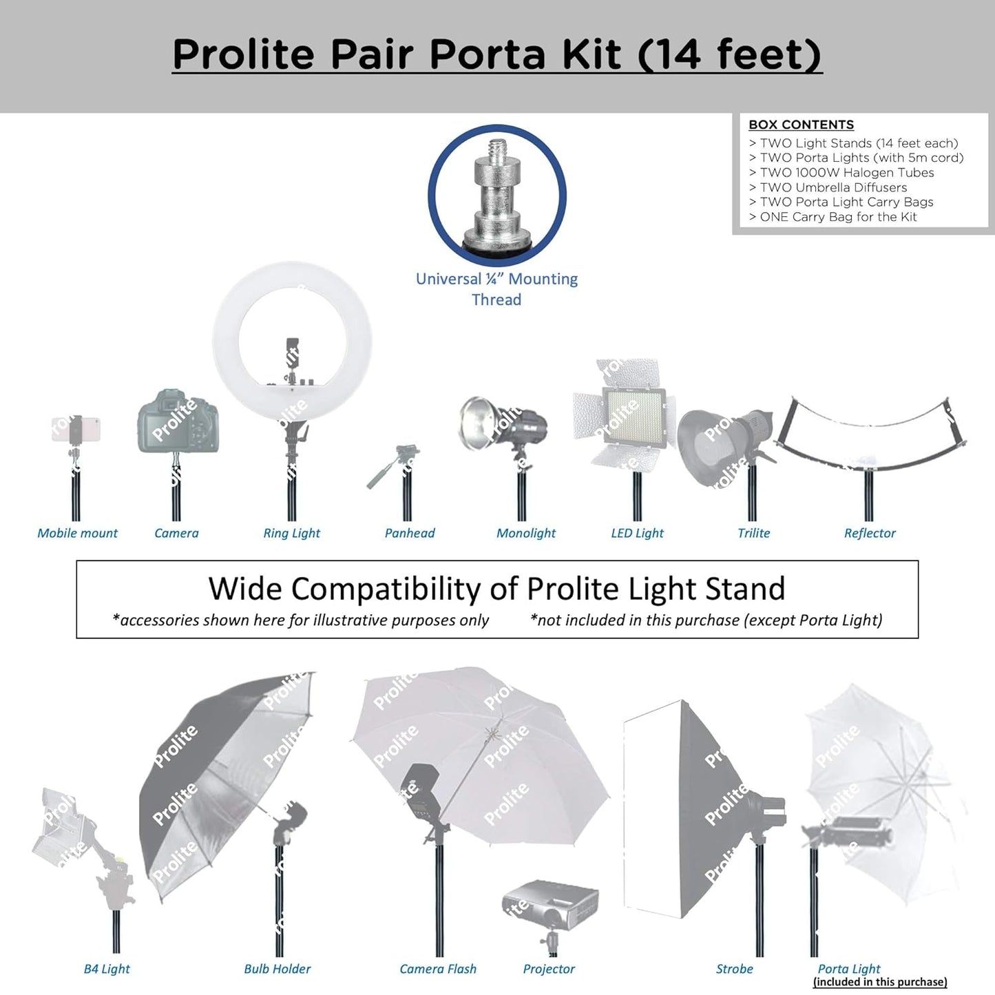 Prolite Extra-Heavy-Duty Porta Kit (14ft) | Professional Studio Setup with Pair of Light Stands, Porta Lights & Umbrellas | Ideal for Photography & Videography