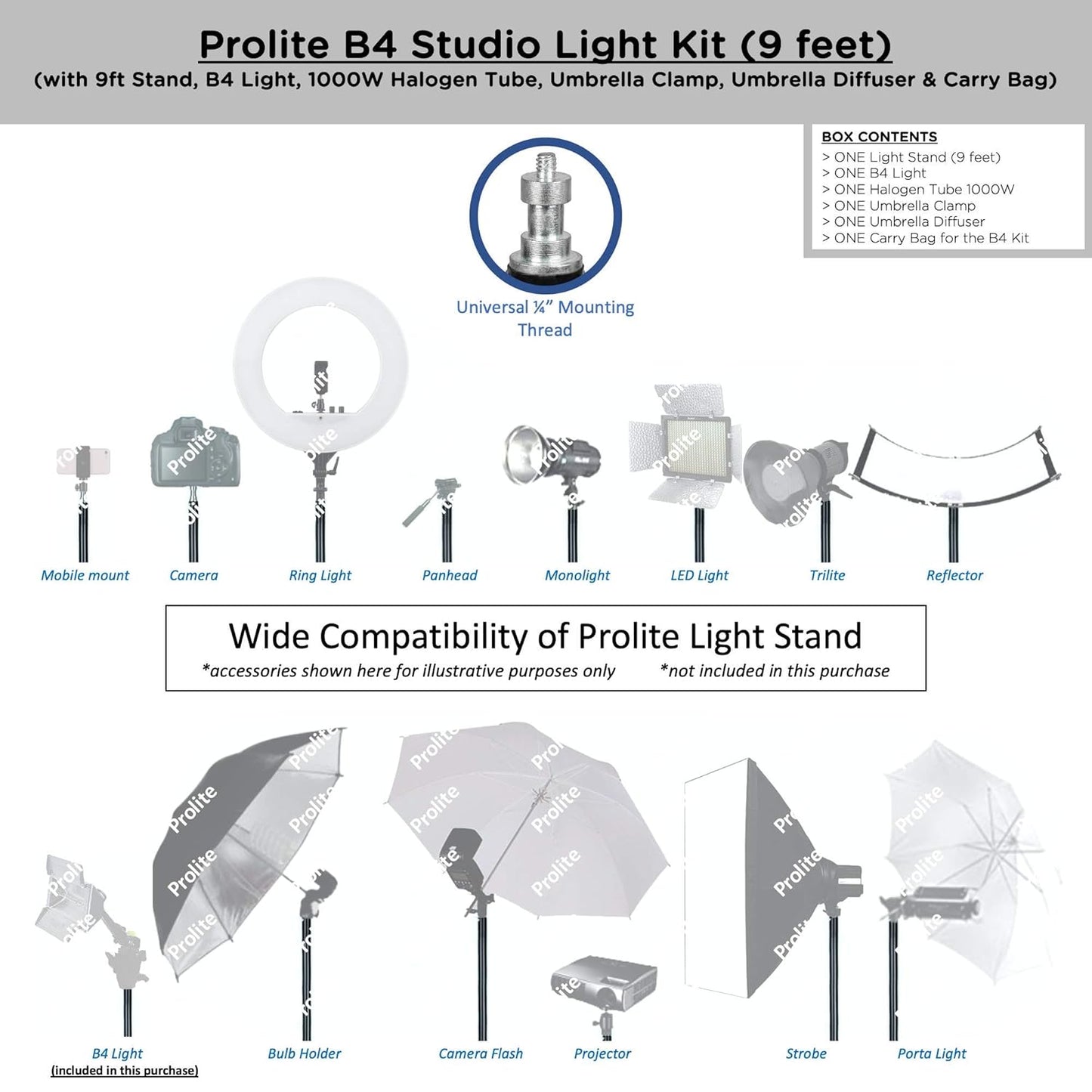 Prolite Studio B4 Continuous Video Light Kit – 1000W Halogen, 9 ft Stand, Umbrella, Carry Bag for Photography & Videography