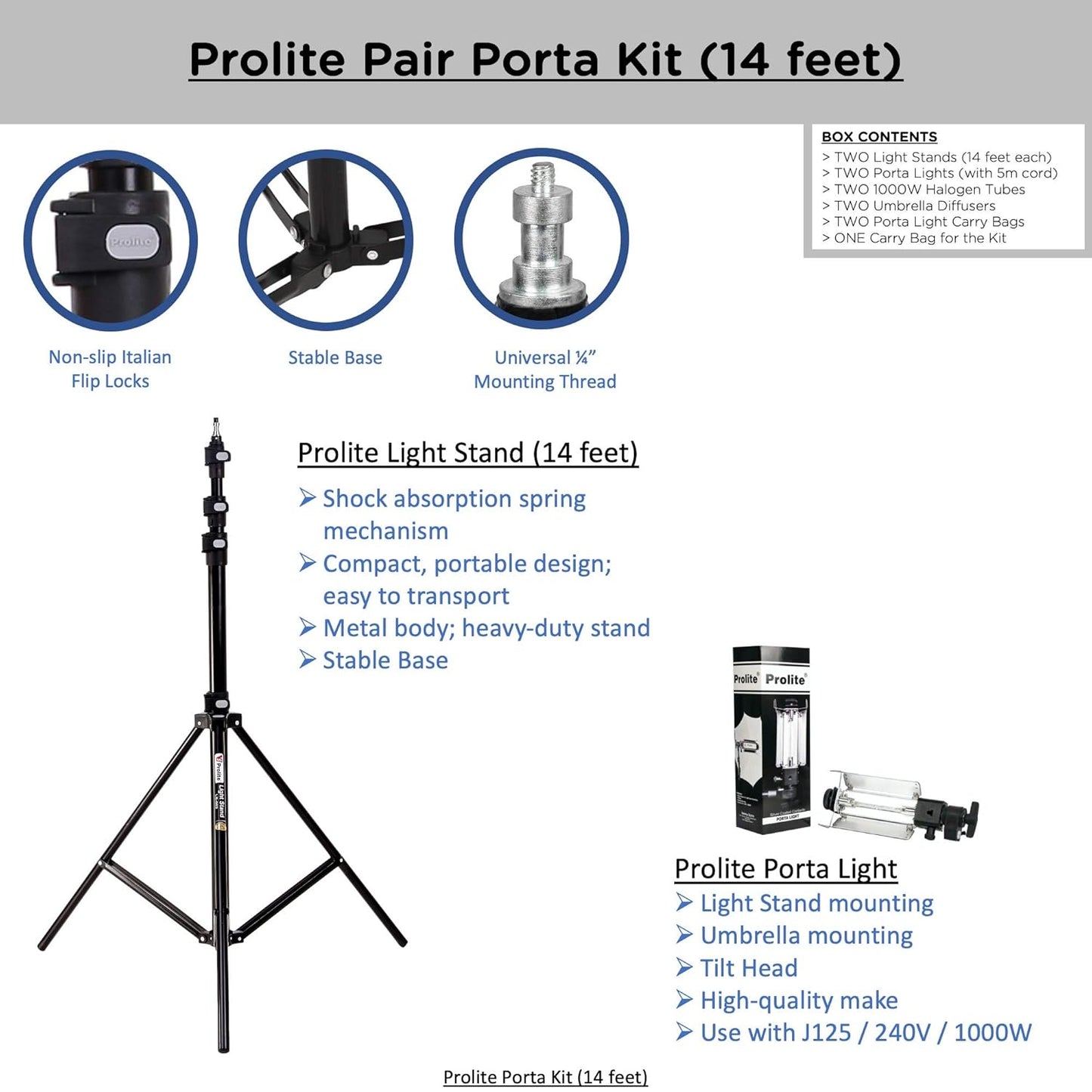 Prolite Extra-Heavy-Duty Porta Kit (14ft) | Professional Studio Setup with Pair of Light Stands, Porta Lights & Umbrellas | Ideal for Photography & Videography