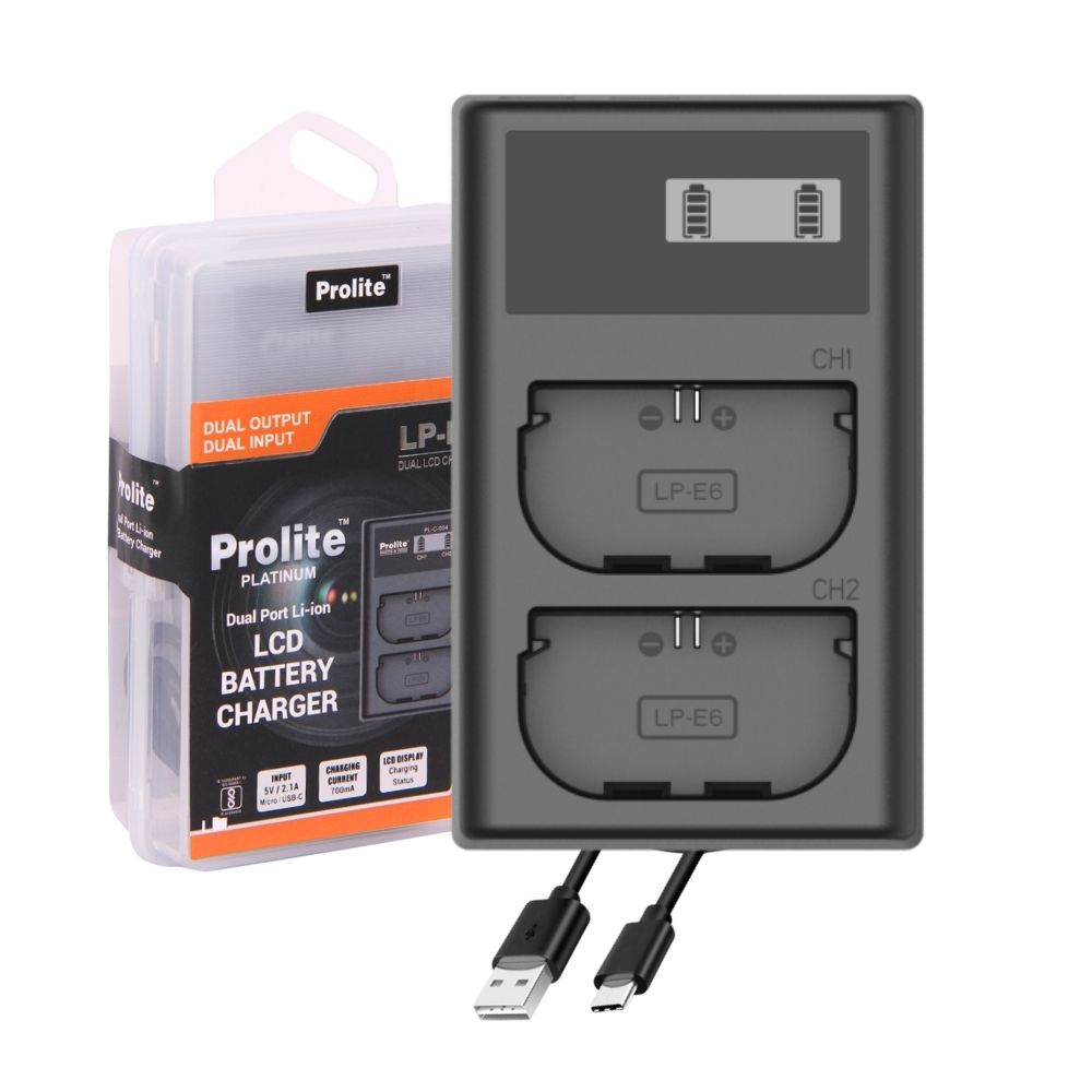 Prolite Dual LCD Charger for Canon LP-E6 / LP-E6N / LP-E6NH Camera Li-ion Batteries | Camera Battery Charger
