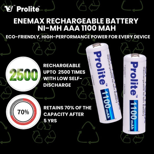 Prolite EneMAX Ni-Mh AAA Rechargeable Battery 1100mAh (Pack of 2) | Low Self-Discharge | Ideal for Digital Cameras, Game Controllers, LED Torches, Toys, Shavers & More