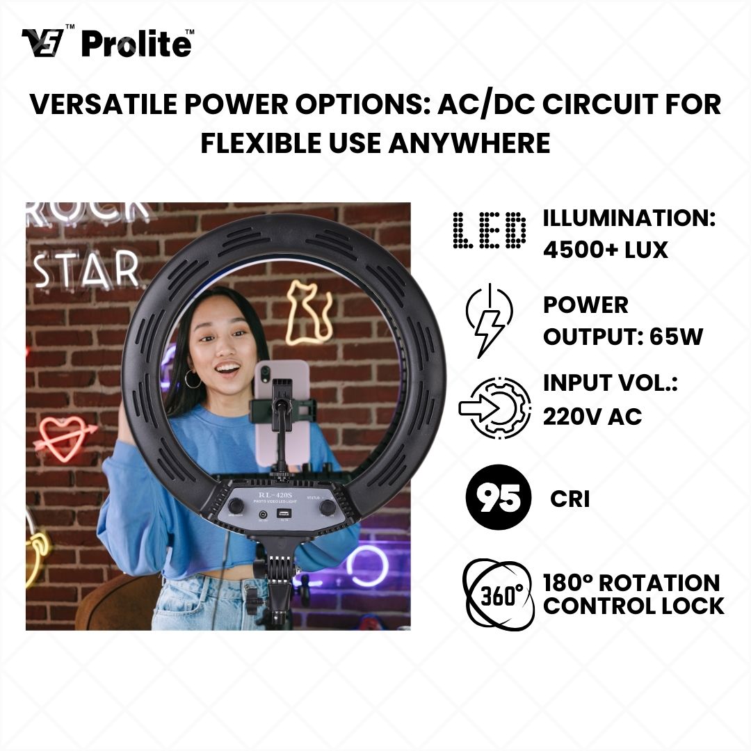 Prolite 18″ LED Ring Light (65W) with Heavy Duty 156cm Stand Combo Kit – Perfect for Photography, Makeup, YouTube, and Video Shoots