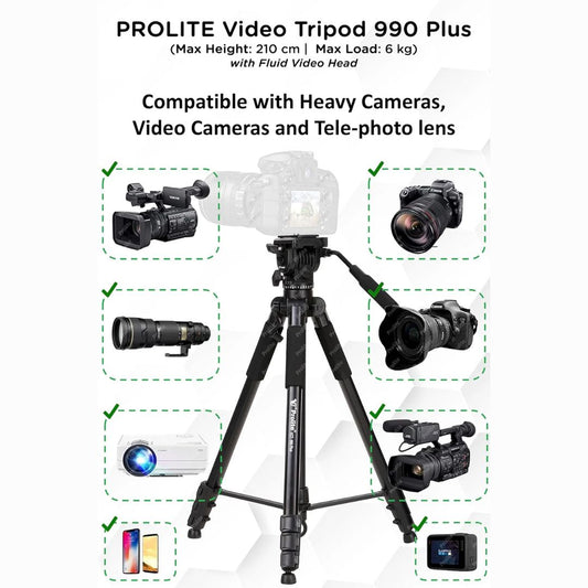 Prolite Tripod VCT 990 Plus (80 inch | Payload Upto 6 kg) with Fluid Video Head | Use with DSLR Camera, Video Camera