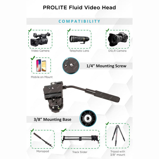 Prolite Fluid Video Tripod Head VH004 | Lightweight, Load Capacity 6 kg | Supports DSLR Video Camera on Tripod, Monopod, Slider Rail
