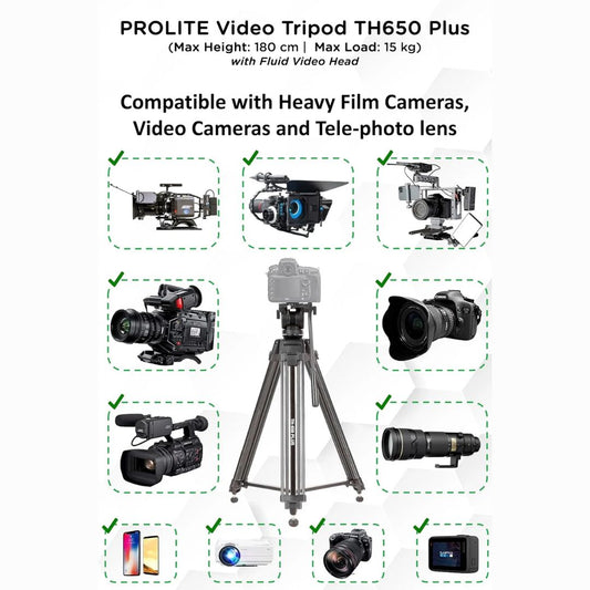 Prolite Tripod VCT 650 Plus (Extendable to 72.5 inch | Payload Upto 20 kg) with Fluid Video Head | Professional, Heavy-Duty | for Digital Video Cameras