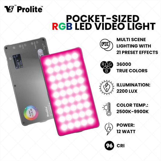 Prolite RGB Pocket LED 12W Video Light – 4000mAh Battery, OLED Display, 21 Light Effects, Type-C Charging, 96 CRI, 360° Brightness Control & Hard Case