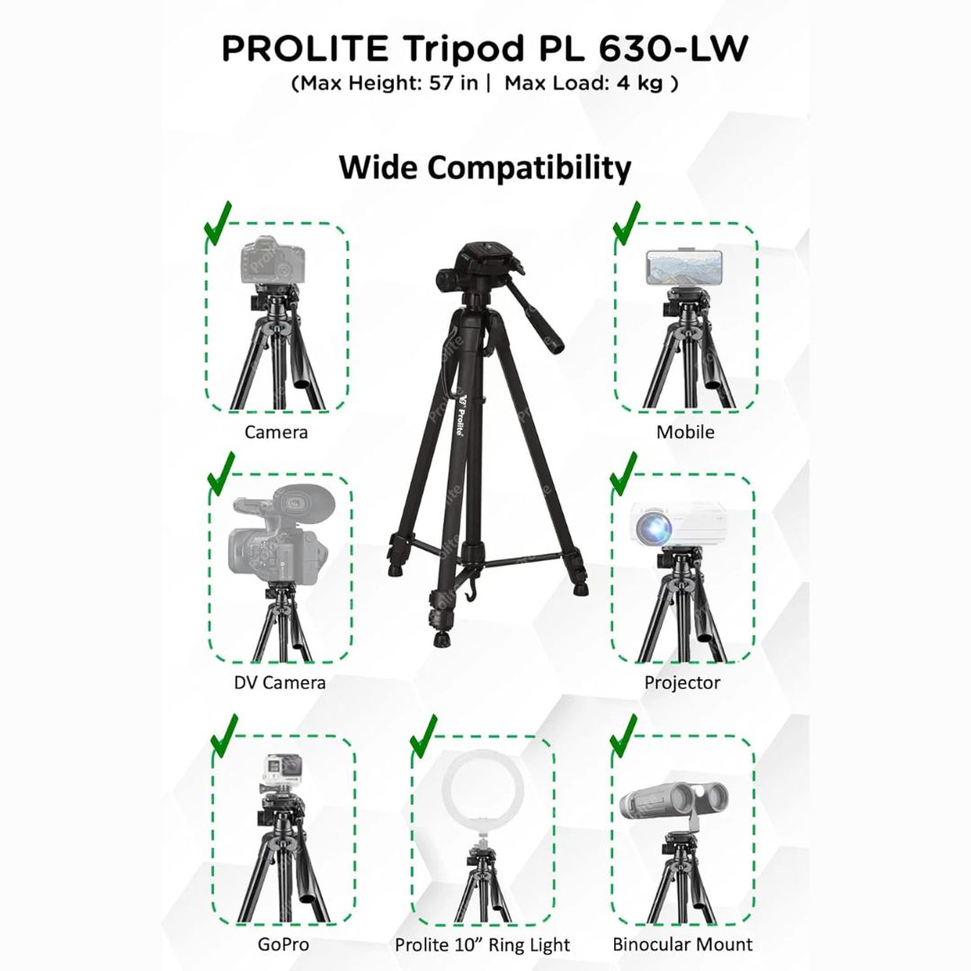 Prolite PL 630-LW Tripod with Mobile Holder & Carry Bag | Use with DSLR Camera, Mobile, Video Camera, GoPro | Max Height: 57 inch | Payload Upto 4 kg | Portable Lightweight Aluminum Tripod