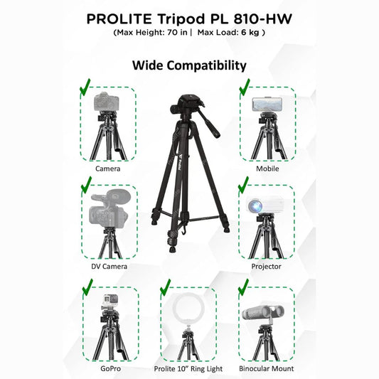 Prolite PL 810-HW Tripod with Mobile Holder & Carry Bag | Use with Video Camera, DSLR Camera, Mobile | Max Height: 70 inch | Payload Upto 6 kg | Portable Lightweight Aluminum Tripod