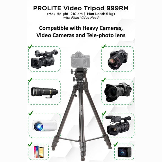 Prolite Tripod VCT 999RM (Max Height 80 inch | Payload Upto 5 kg) with Fluid Video Head | Mobile Holder & Carry Bag Included