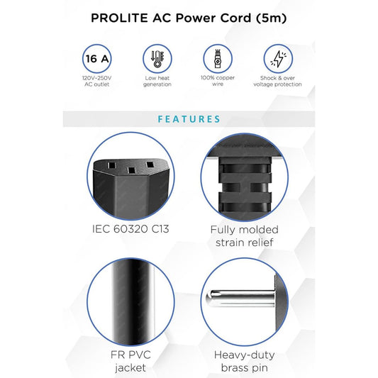 Prolite 3-Pin AC Power Cord (5m) | 240V, 16A | Type C13 Out | Replacement Cable for Video Light, Printer, Monitor, TV, PC | Black