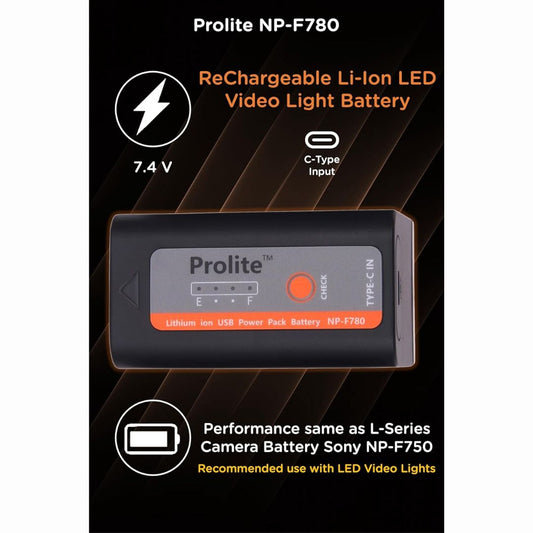Prolite NP-F780 Li-ion LED Video Light Battery with Type-C Charging Cable | Rechargeable with Charge Level Indicator
