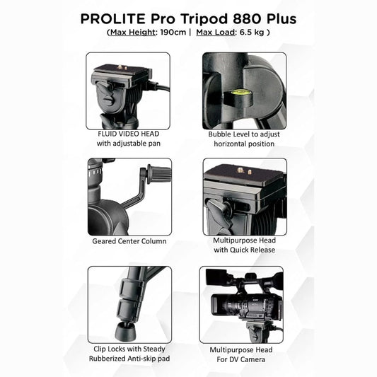 Prolite Tripod VCT 880 Plus (Max Height 72 inch | Payload Upto 6.5 kg) with Fluid Video Head | Mobile Holder & Carry Bag Included