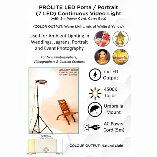 Prolite LED Porta Continuous Video Light (Portrait Light) (7 LED) for Camera Lighting in Photography & Video Shoot (Natural Warm Light Output)