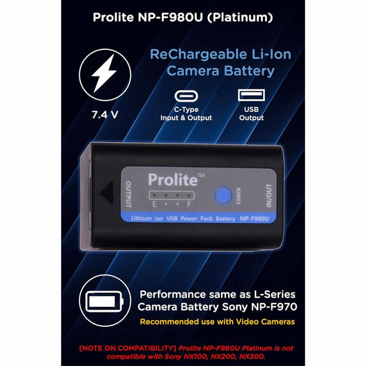 Prolite NP-F980U Platinum Replacement Li-ion Camera Battery | Type-C Cable, Indicator, USB Out, Rechargeable, Powerbank Ready