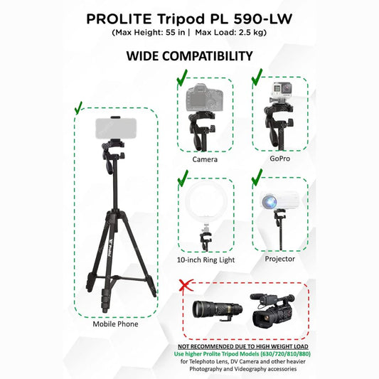 Prolite PL 590-LW Tripod with Mobile Holder & Carry Bag | Use with Mobile, DSLR Camera, GoPro | Max Height: 55 inch | Payload Upto 2.5 kg | Portable Lightweight Aluminum Tripod