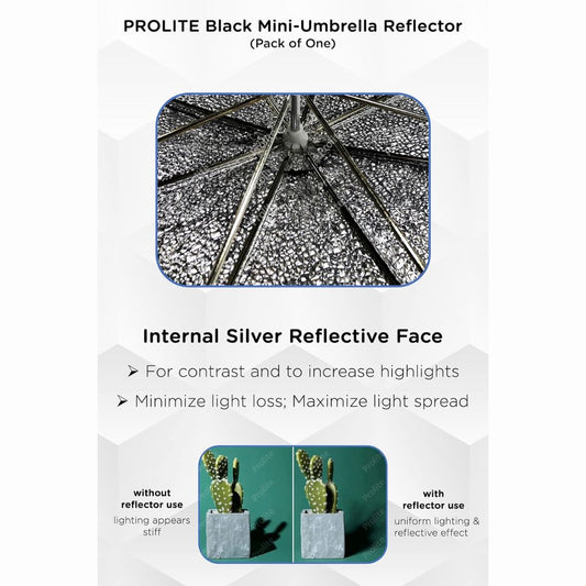 Prolite 18-Inch Black-Silver Mini-Umbrella Reflector Diffuser (Pack of 1) for Studio Photography & Videography | Metal Body | Ideal for Speedlite Flash, Umbrella Clamps, & Continuous Light (Sungun, Porta)