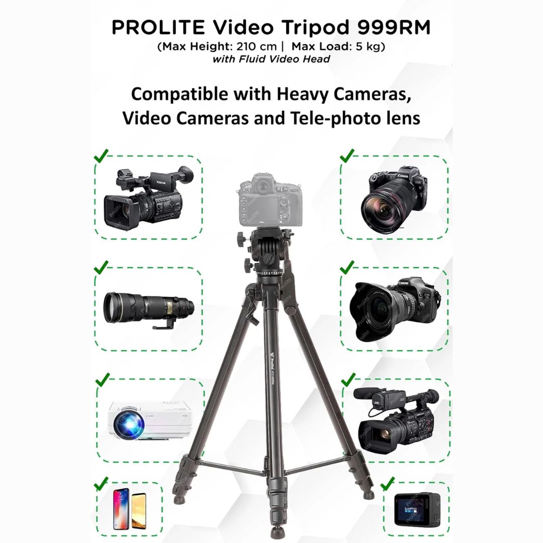 Prolite Tripod VCT 998RM (Max Height 67 inch | Payload Upto 5 kg) with Fluid Video Head | Mobile Holder & Carry Bag Included