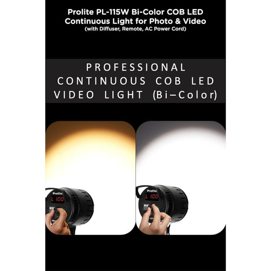 Prolite PL-115W Bi-Color COB LED Video Light – 3200K-5600K, 11500 Lux, 8 FX Modes | with Diffuser Cap, Remote & Power Cord | Studio & Wedding Photography Light