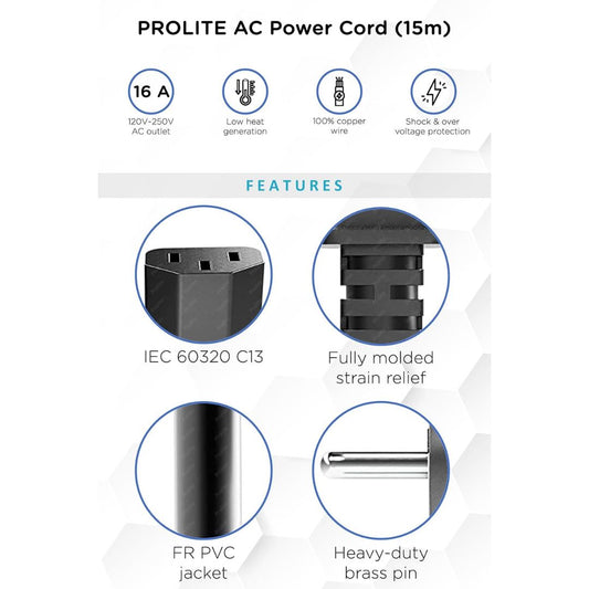 Prolite 3-Pin AC Power Cord (15m) | 240V, 16A | Type C13 Out | Replacement Cable for Video Light, Printer, Monitor, TV, PC | Black (Copy)