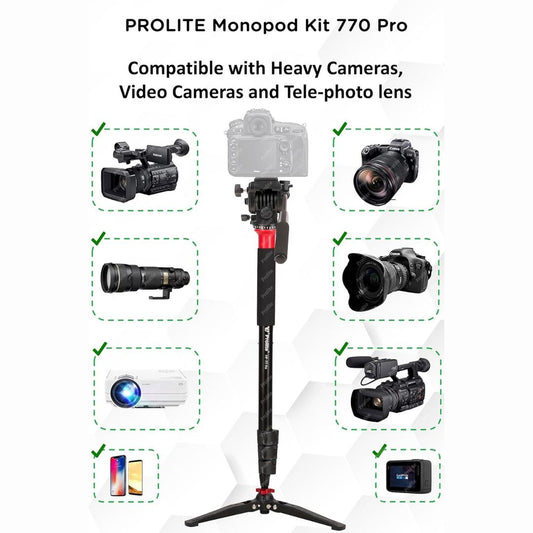 Prolite Monopod Kit 777 Pro VCT | Lightweight Heavy-Duty Monopod, Fluid Panhead, Standing Legs for Monopod | for DSLR Video Cameras | Load Capacity 6kg on Fluid Head & 15kg Directly on Monopod