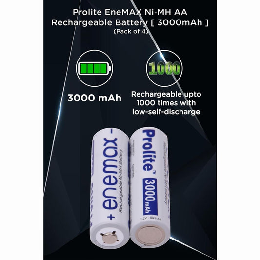 Prolite EneMAX Ni-MH AA Rechargeable Batteries 3000mAh (Pack of 4) | Low Self-Discharge | Ideal for Digital Cameras, Game Controllers, LED Torches, Toys, Shavers & More
