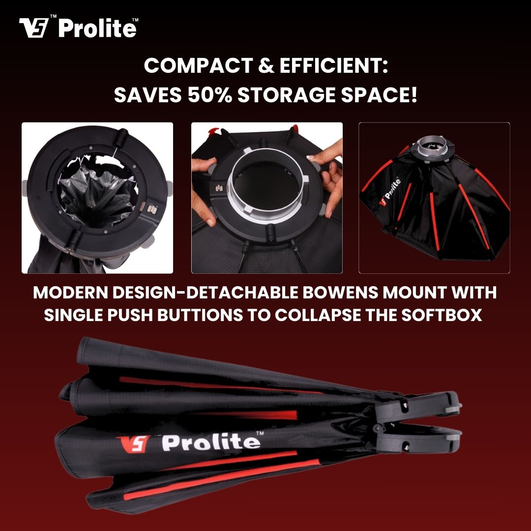 Prolite Octa 65cm Bowens Super Foldable Softbox with Detachable Bowens Mount, Compatible with all Bowens Mounts, Dual White Diffusers & Carry Bag for Easy Storage and Portability