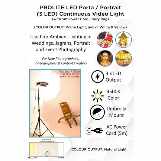 Prolite LED Porta Continuous Video Light (Portrait Light) (3 LED) for Camera Lighting in Photography & Video Shoot (Natural Warm Light Output)