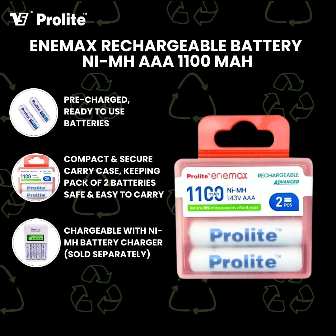 Prolite EneMAX Ni-Mh AAA Rechargeable Battery 1100mAh (Pack of 2) | Low Self-Discharge | Ideal for Digital Cameras, Game Controllers, LED Torches, Toys, Shavers & More