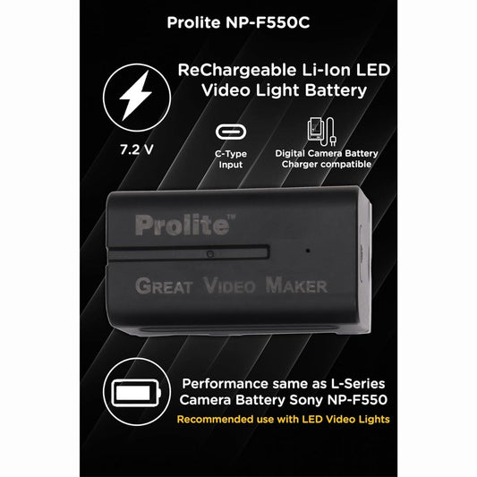 Prolite NP-F550C Li-ion LED Video Light Battery with Type-C Charging Cable | Rechargeable, C-Type Compatible for LED Lights