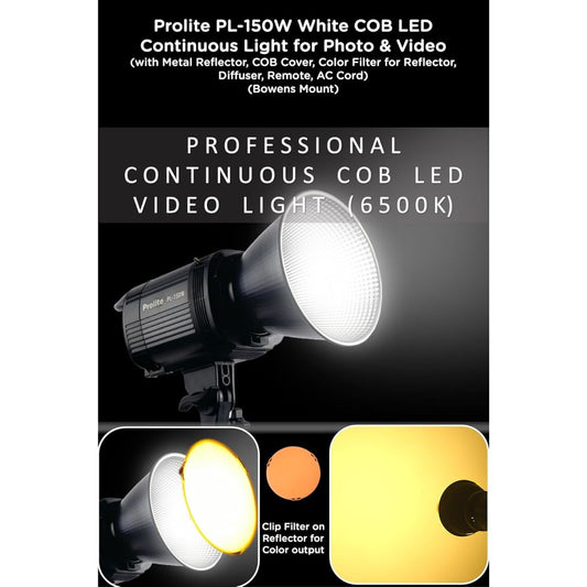 Prolite PL-150W COB LED Video Light – 15000 Lux, 6500K | Bowens Mount, Reflector, Diffuser, Remote | Studio & Wedding Photography Light