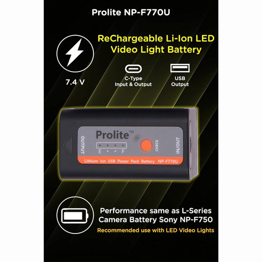 Prolite NP-F770U Li-ion LED Video Light Battery with Type-C Charging Cable & Level Indicator | Rechargeable for Sony Cameras & Powerbank