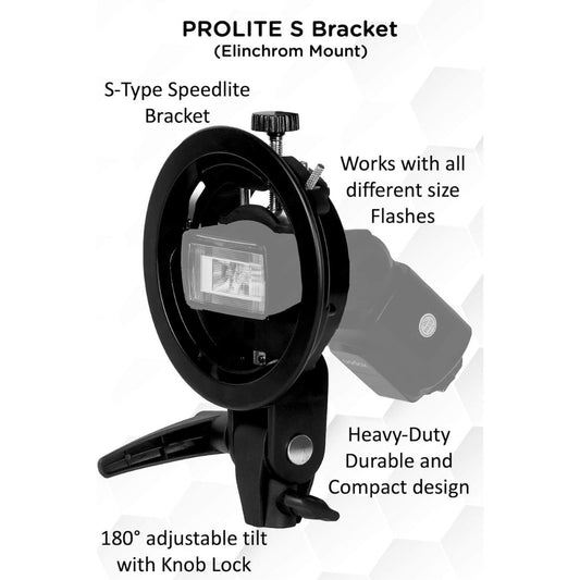 Prolite S Bracket | Elinchrom Mount, Tilt Control & Umbrella Slot | Compatible with Speedlite Flash, Softbox, Reflector, Snoot & Barndoor Kit | For Photography & Videography