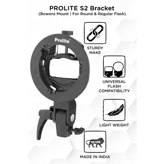 Prolite S2 Bracket | Bowens Mount, Tilt Control & Umbrella Slot | Compatible with Speedlite Flash, Softbox, Reflector, Snoot | For Photography & Videography