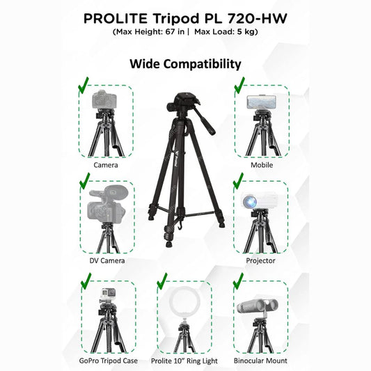 Prolite PL 720-HW Tripod with Mobile Holder & Carry Bag | Use with DSLR Camera, Video Camera, Mobile | Max Height: 67 inch | Payload Upto 5 kg | Portable Lightweight Aluminum Tripod