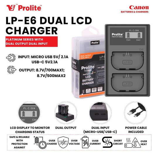 Prolite Dual LCD Charger for Canon LP-E6 / LP-E6N / LP-E6NH Camera Li-ion Batteries | Camera Battery Charger
