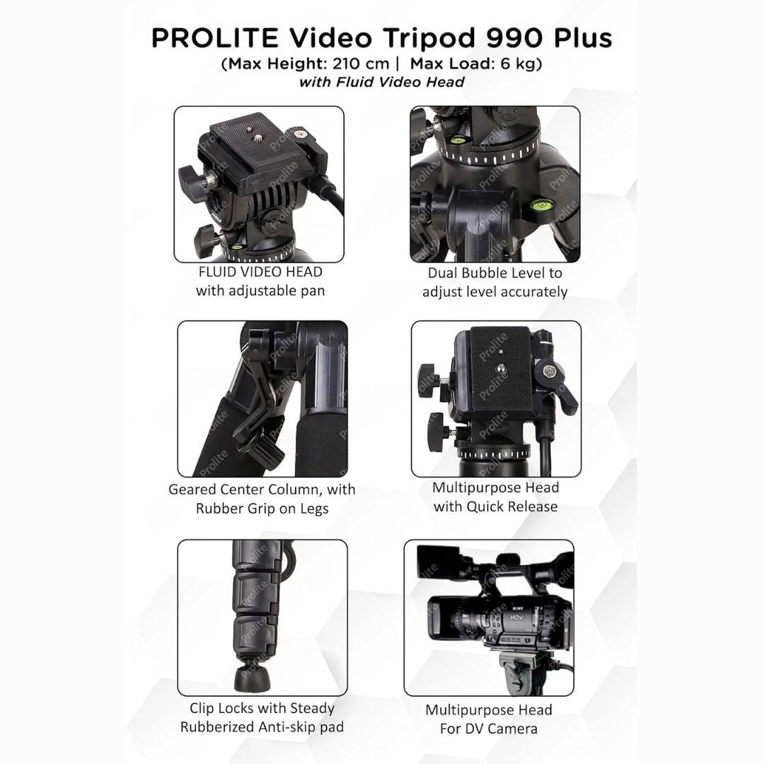 Prolite Tripod VCT 990 Plus (80 inch | Payload Upto 6 kg) with Fluid Video Head | Use with DSLR Camera, Video Camera