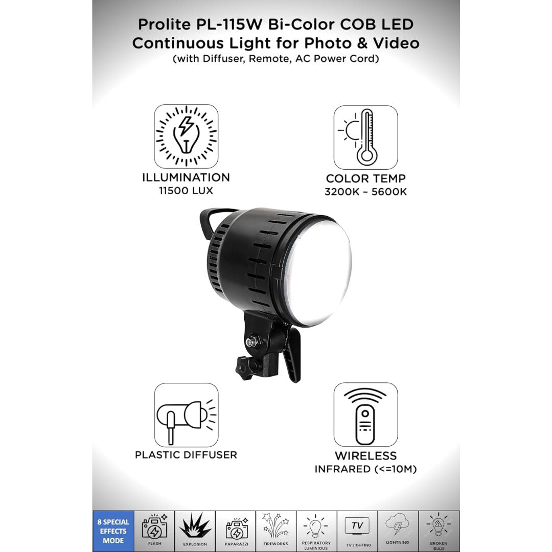 Prolite PL-115W Bi-Color COB LED Video Light – 3200K-5600K, 11500 Lux, 8 FX Modes | with Diffuser Cap, Remote & Power Cord | Studio & Wedding Photography Light