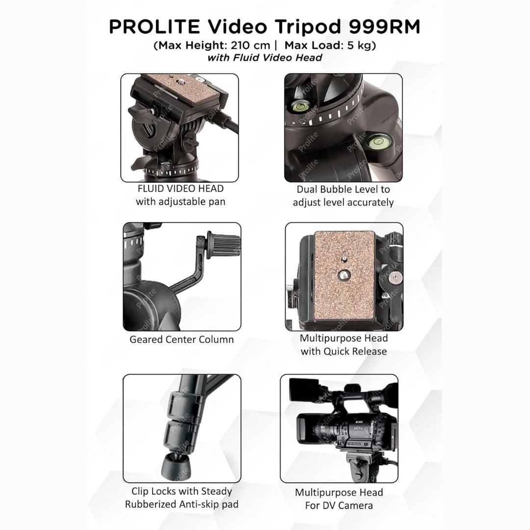 Prolite Tripod VCT 998RM (Max Height 67 inch | Payload Upto 5 kg) with Fluid Video Head | Mobile Holder & Carry Bag Included