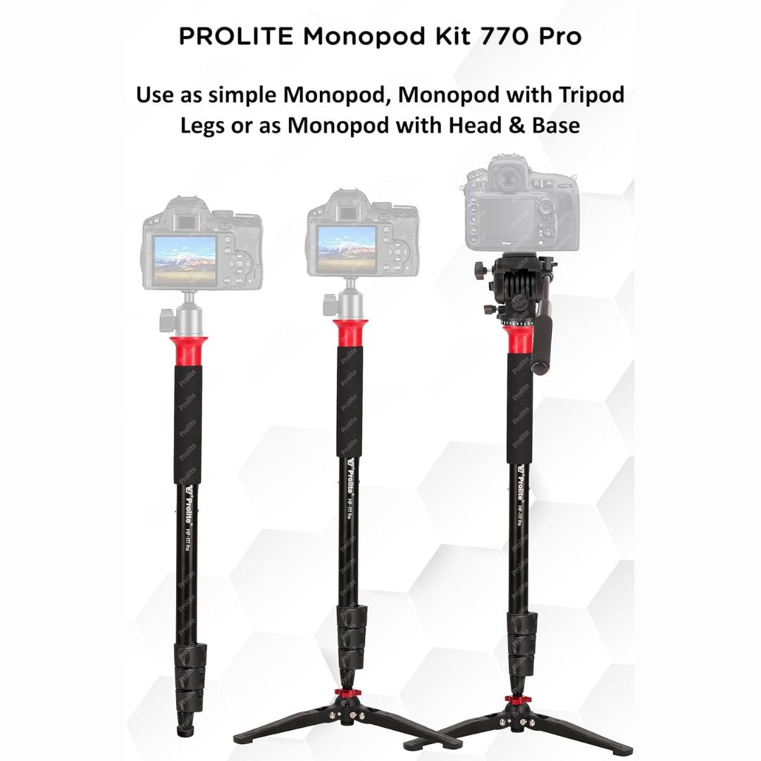Prolite Monopod Kit 777 Pro VCT | Lightweight Heavy-Duty Monopod, Fluid Panhead, Standing Legs for Monopod | for DSLR Video Cameras | Load Capacity 6kg on Fluid Head & 15kg Directly on Monopod