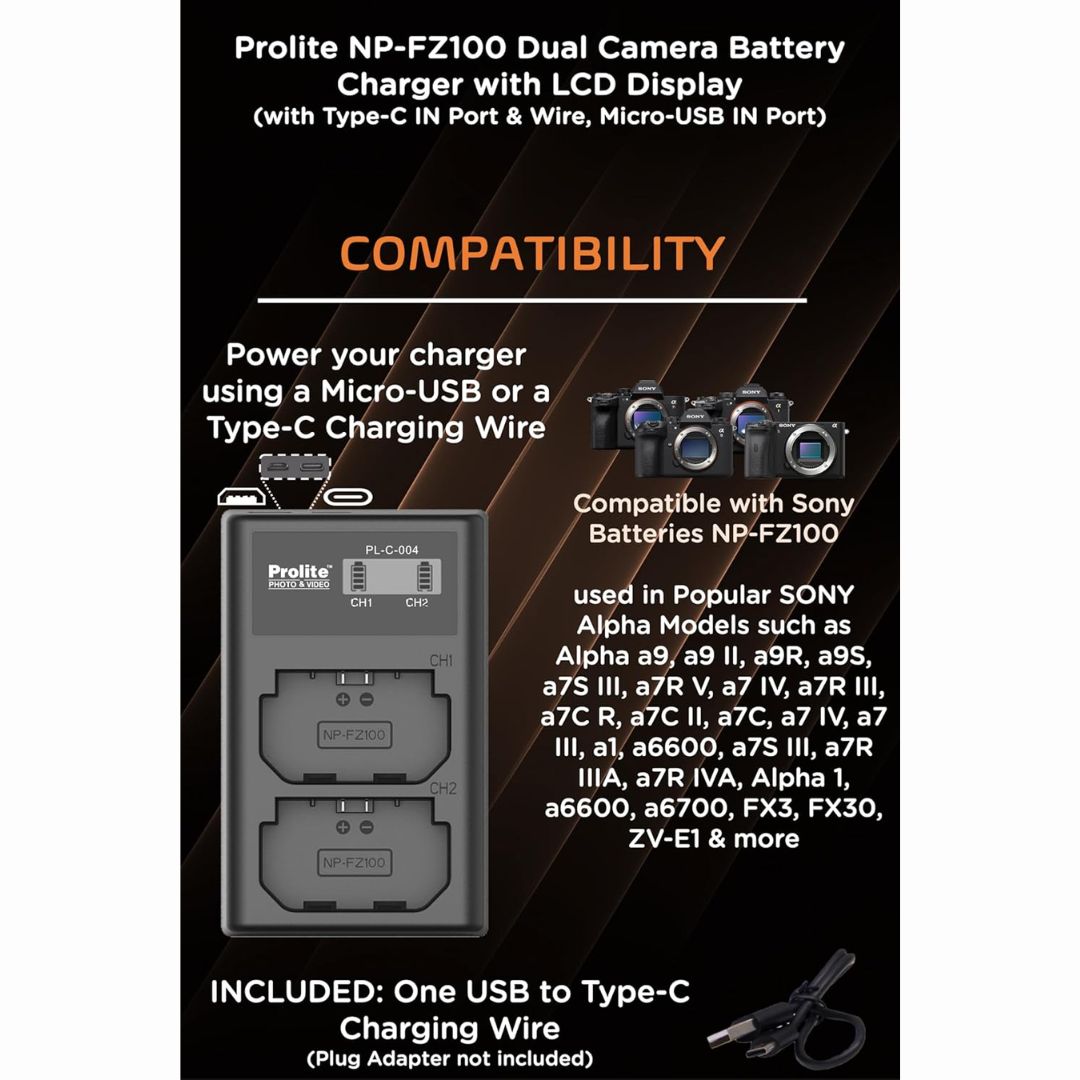 Prolite Dual LCD Charger for Nikon LP-FZ100 Camera Li-ion Batteries | Camera Battery Charger