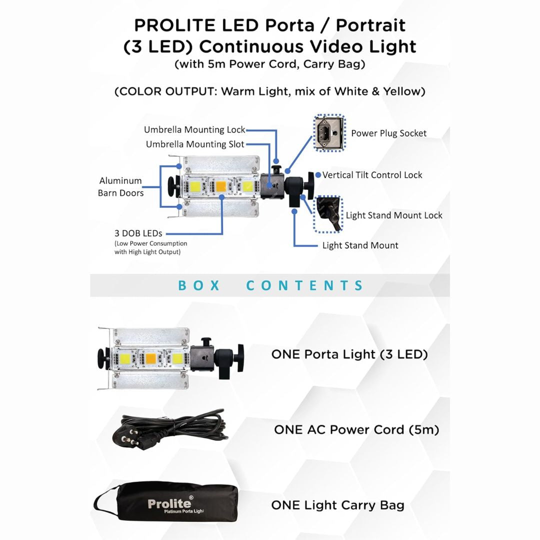 Prolite LED Porta Continuous Video Light (Portrait Light) (3 LED) for Camera Lighting in Photography & Video Shoot (Natural Warm Light Output)
