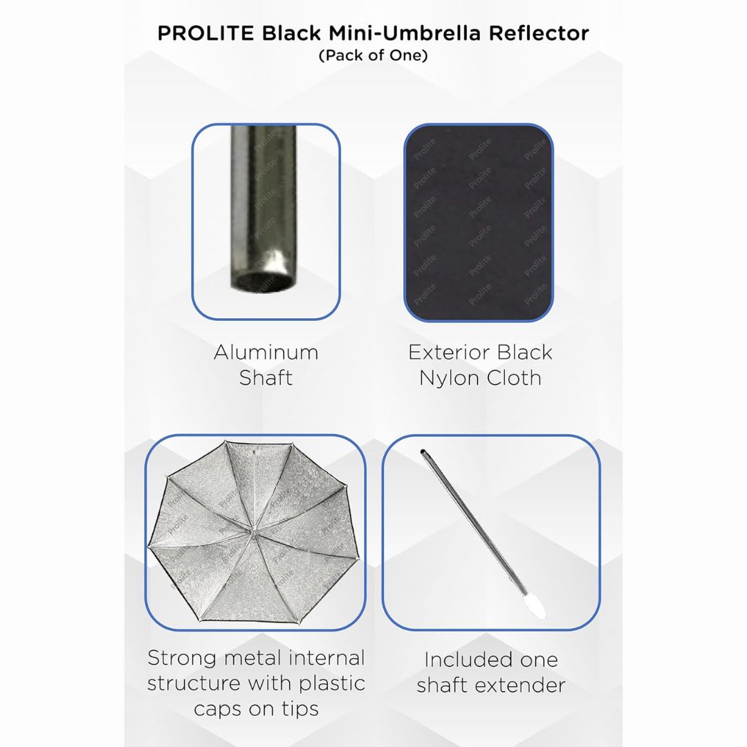 Prolite 18-Inch Black-Silver Mini-Umbrella Reflector Diffuser (Pack of 1) for Studio Photography & Videography | Metal Body | Ideal for Speedlite Flash, Umbrella Clamps, & Continuous Light (Sungun, Porta)