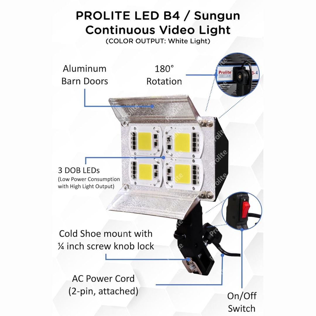 Prolite LED B4 Continuous Video Light (Sungun Light) (4 LED) for Camera Lighting and Video Shoot (White Light Color Output)