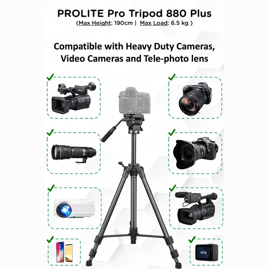 Prolite Tripod VCT 880 Plus (Max Height 72 inch | Payload Upto 6.5 kg) with Fluid Video Head | Mobile Holder & Carry Bag Included