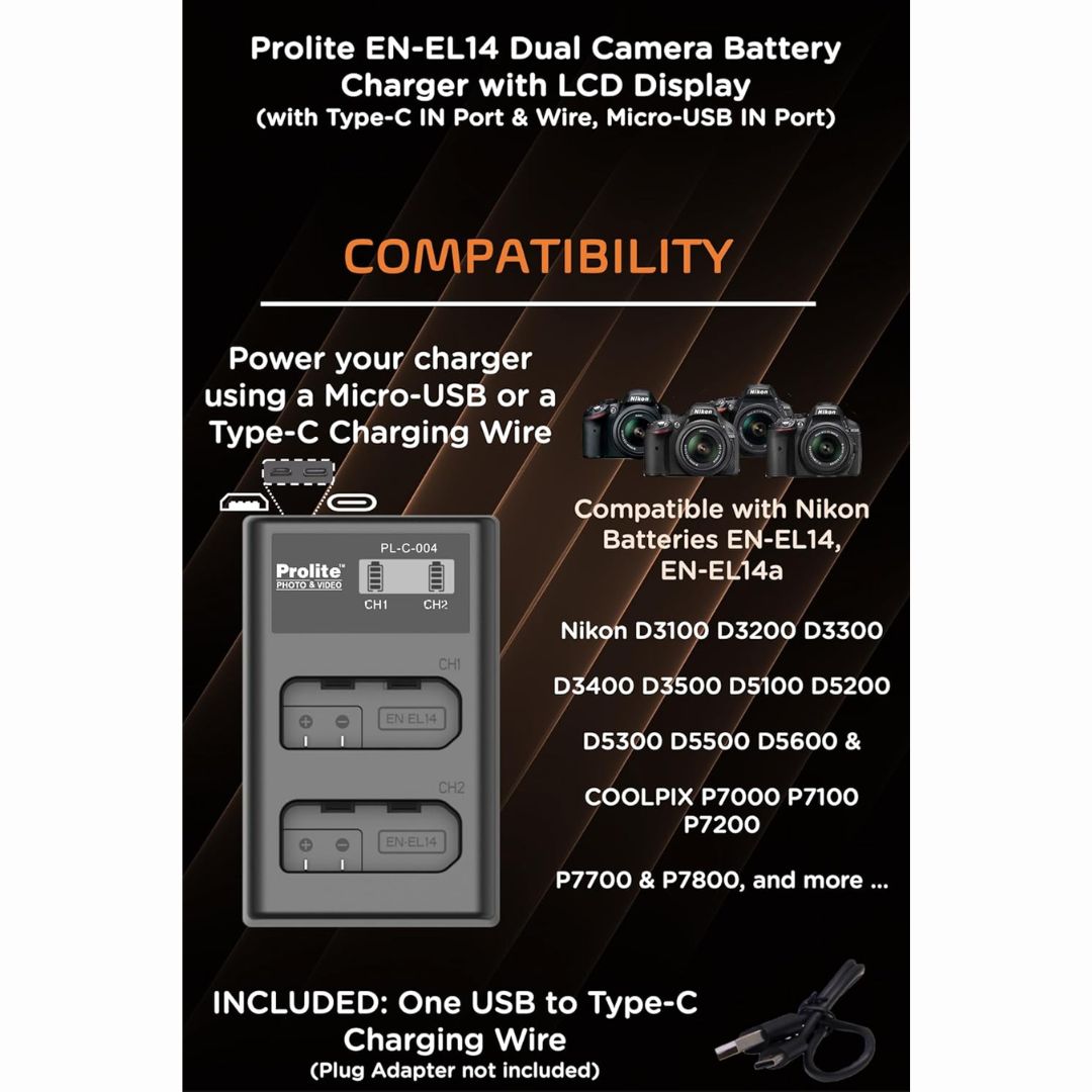 Prolite Dual LCD Charger for Nikon EN-EL14 Camera Li-ion Batteries | Camera Battery Charger (Copy)