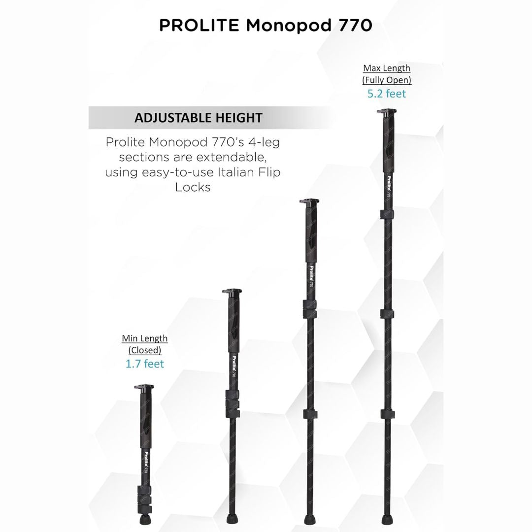 Prolite Monopod 775 | Lightweight & Portable | for DSLR Camera, Mobile, GoPro | Adjustable Height 1.7Ft to 5.2Ft | Load Capacity 6kg