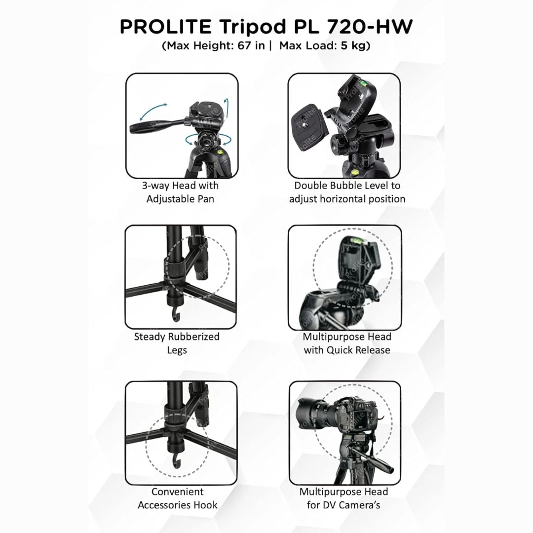 Prolite PL 720-HW Tripod with Mobile Holder & Carry Bag | Use with DSLR Camera, Video Camera, Mobile | Max Height: 67 inch | Payload Upto 5 kg | Portable Lightweight Aluminum Tripod
